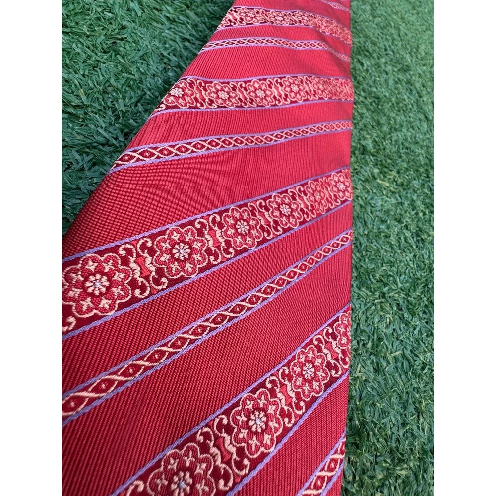 Canali Mens Red Silk Geometric Floral Striped Necktie Made in Italy‎